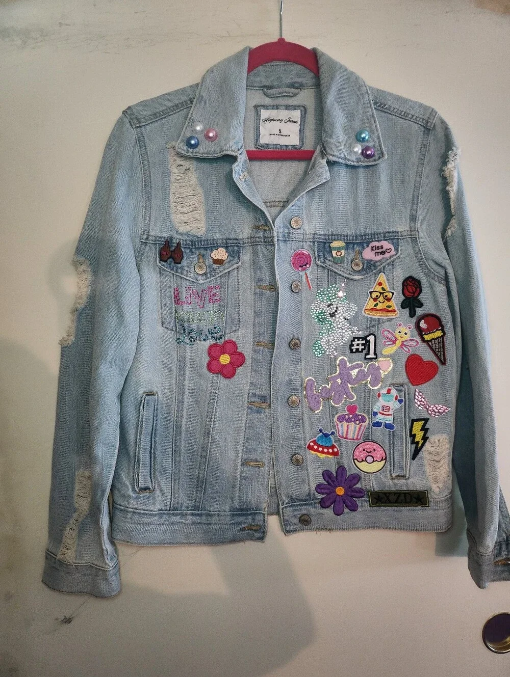 Custom Made 1 Of 1 Light Wash Embellished Denim Jacket with Colorful Patches - Picture 1 of 7